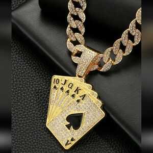 Hip Hop Iced Out Fully Rhinestone Gold Card Pendant & Cuban Chain Necklace 18"